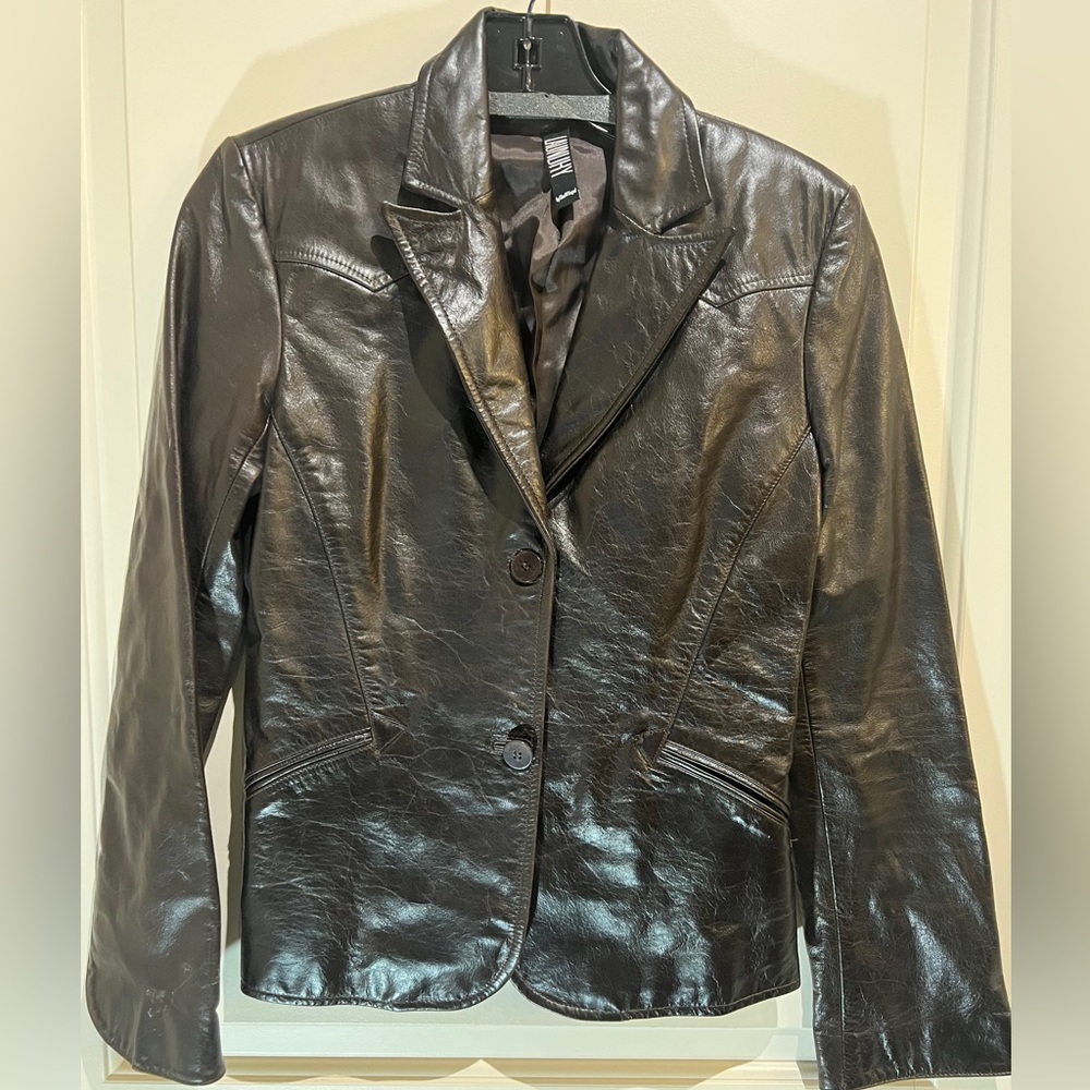 Laundry by Shelli Segal Vintage Chocolate Brown Leather Jacket Blazer